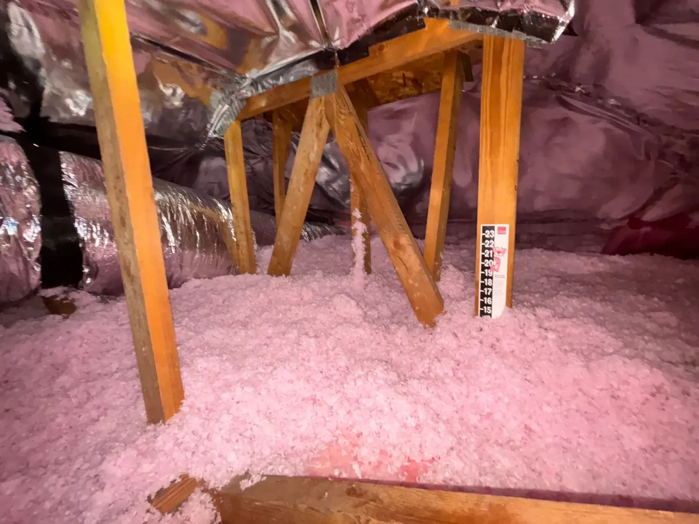 A freshly insulated attic floor covered in a thick pink fiberglass blanket, with a depth ruler standing in it